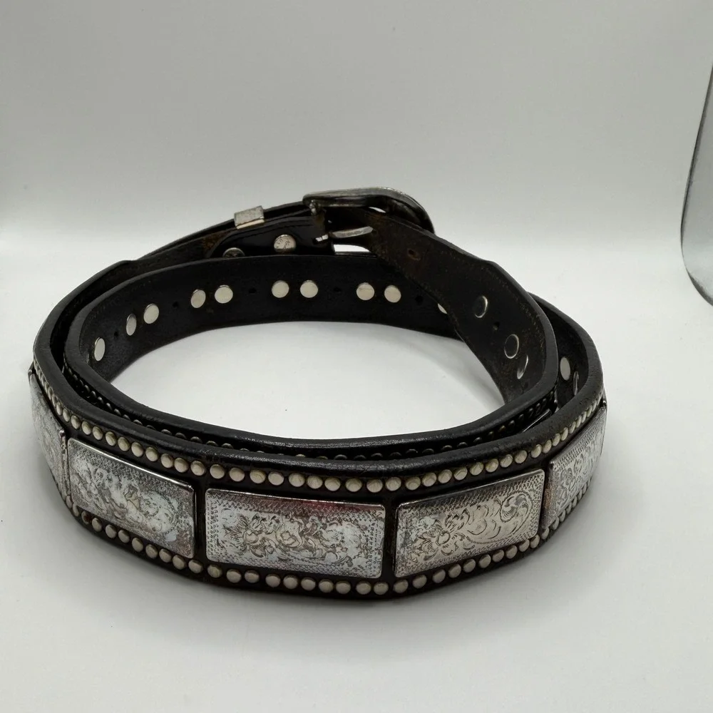 Nadim USA Mens Western Leather Square‎ Concho Belt Brown Silver Studded 42